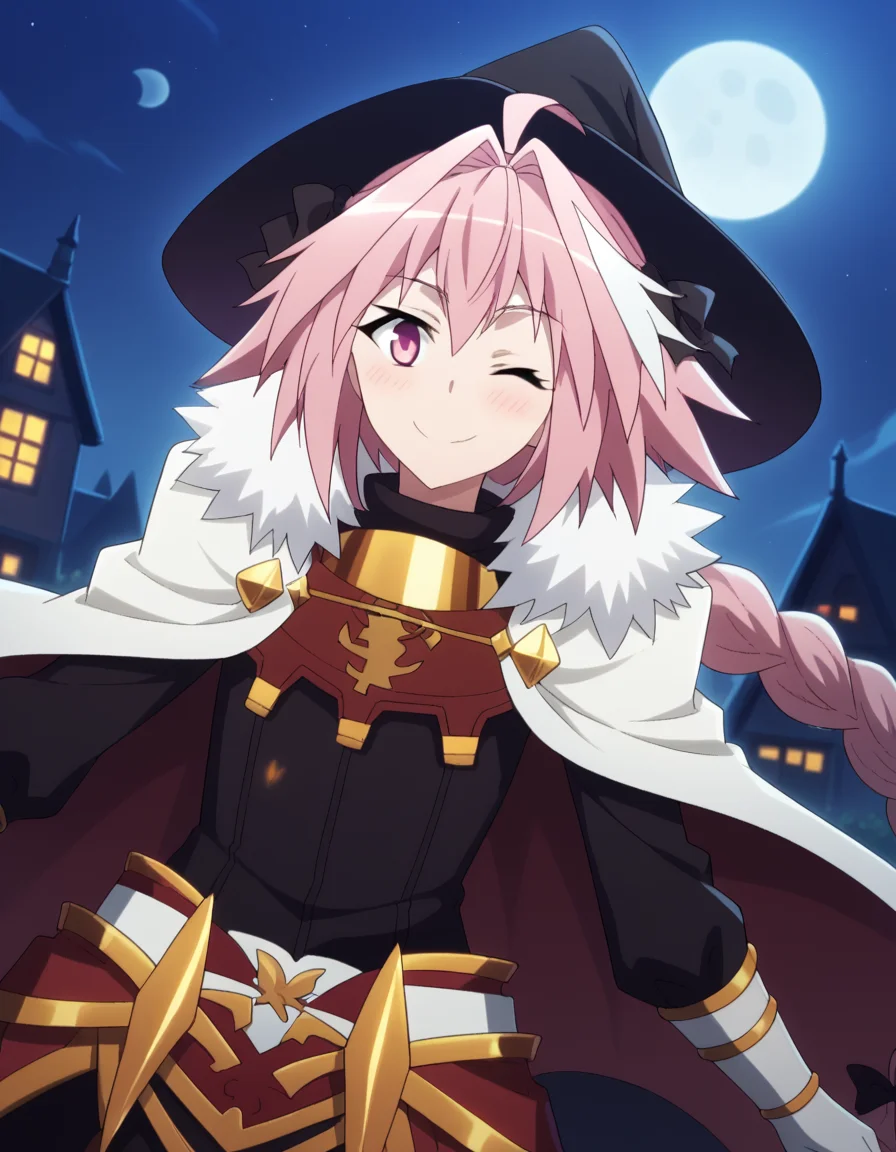 score_9, score_8_up, score_7_up, source_anime, <lora:astolfo-apocrypha-s1-ponyxl-lora-nochekaiser:1>, astolfo, long hair, pink eyes, hair ribbon, pink hair, braid, ahoge, white hair, male focus, multicolored hair, streaked hair, single braid, otoko no ko, long braid,, <lora:witch-ponyxl-lora-nochekaiser:1>, witch, hat, witch hat, dress, halloween, halloween costume, jewelry,, night, moon, blush, smile, one eye closed,, , dutch angle, cowboy shot