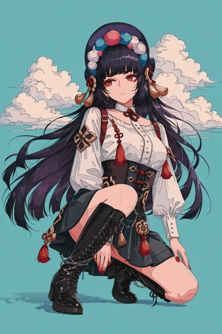 1girl,yun jin \(genshin impact\),solo,bonnet,long hair,boots,skirt,black hair,long sleeves,red eyes,blunt bangs,black footwear,black skirt,simple background,shirt,chain,puffy sleeves,nail polish,on one knee,full body,blue background,eyeshadow,white shirt,makeup,breasts,red eyeshadow,knee boots,alternate costume,corset,red nails,tassel,ligne claire,cloud,
<lora:nest virgo_illustriousXL:1.5>,