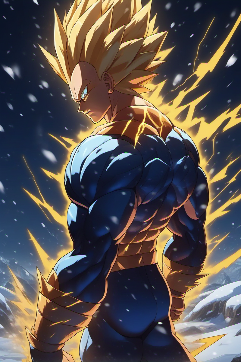 anime artwork full body portrait of a muscular man, blond spiked hair, super saiyan, glowing, electricity , solo, in the snow <lora:Vegeta1024:0.8>  . anime style, key visual, vibrant, studio anime,  highly detailed