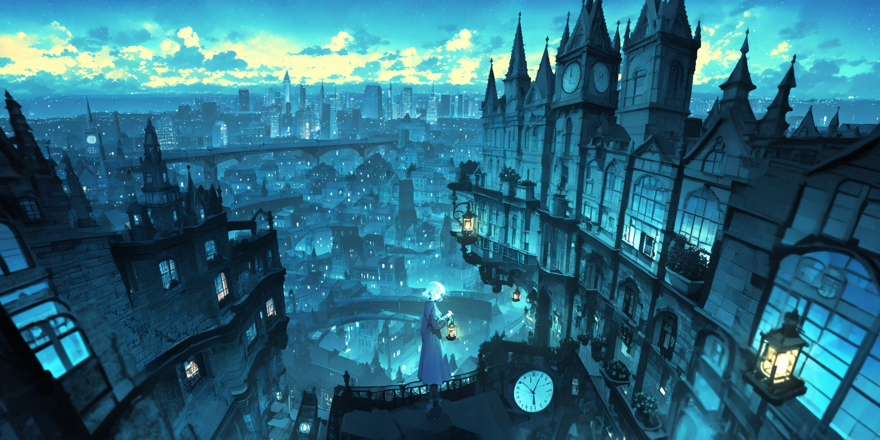 1girl, 
scenery, building, fantasy, solo, blue theme, city, monochrome, stairs, tower, outdoors, tree, dress, silhouette, bridge, cityscape, sky, stairwell, clock tower, lamppost, city lights, potted plant, cloud, plant, bare tree, railing, skyline, skyscraper, night, door, short hair, window, holding lantern, star \(sky\), starry sky, balcony, clock, arch, shadow, cloudy sky, from above, night sky, holding, blue dress, house, wide shot, town, long sleeves, standing
 <lora:lifelineXL_NB11_lokr_V6311P:0.95>