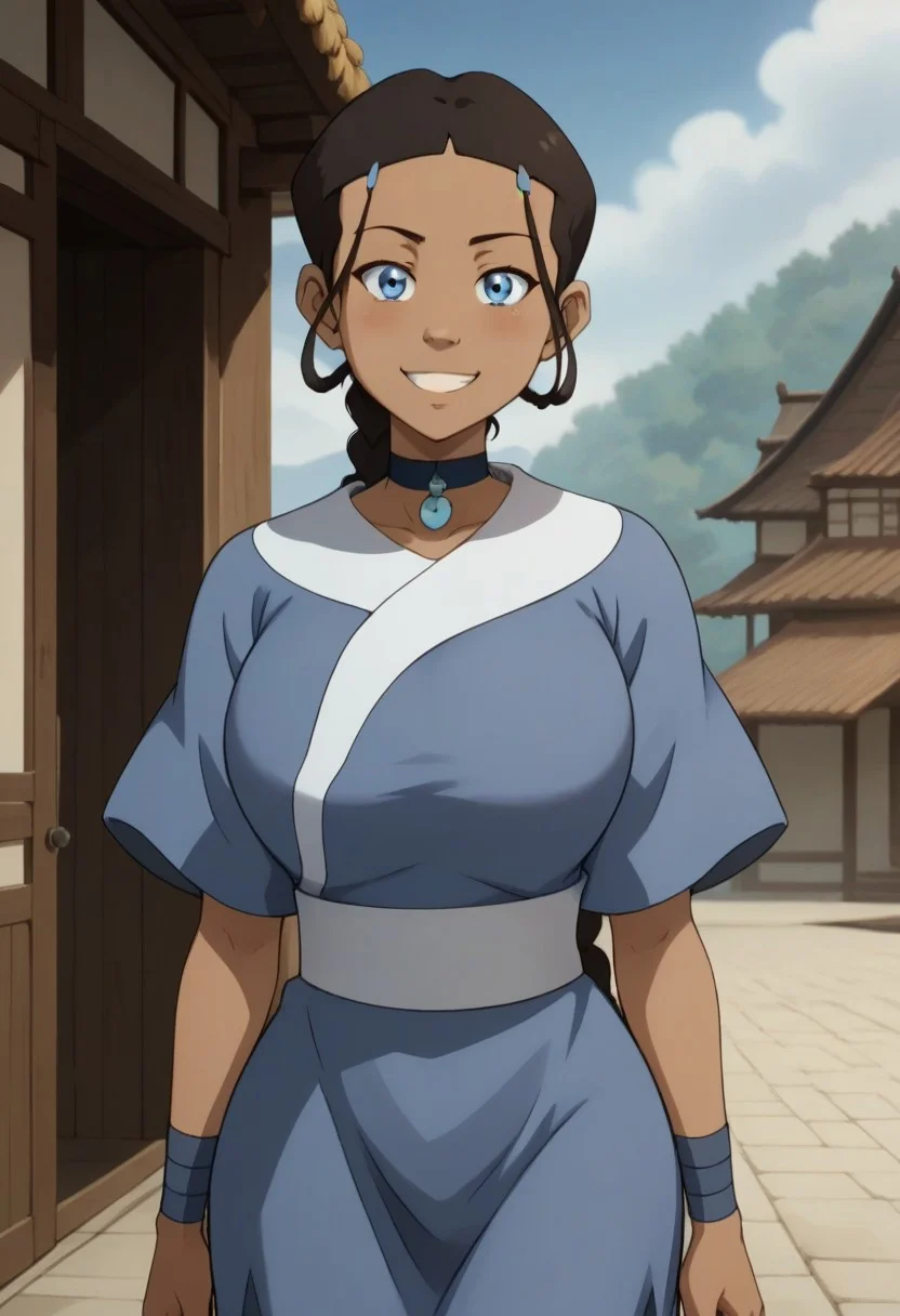 <lora:katara-book2-ponyxl-lora-nochekaiser:1>, katara, braid, single braid, braided ponytail, dark skin, dark-skinned female, long hair, brown hair, black hair, blue eyes, hair ornament, hairclip, choker, short sleeves, robe, blue robe, sash, 1girl, solo, looking at viewer, facing viewer, smiling, erotic pose, huge gigantic oversized breasts, NSFW, cleavage, hourglass body, wide hips, thin waist, extremely best quality, masterpiece, 8k, highres, shiny light skin, extremely detailed, beautiful face, standing straight, collarbone, cowboy shot, outside, public, day,