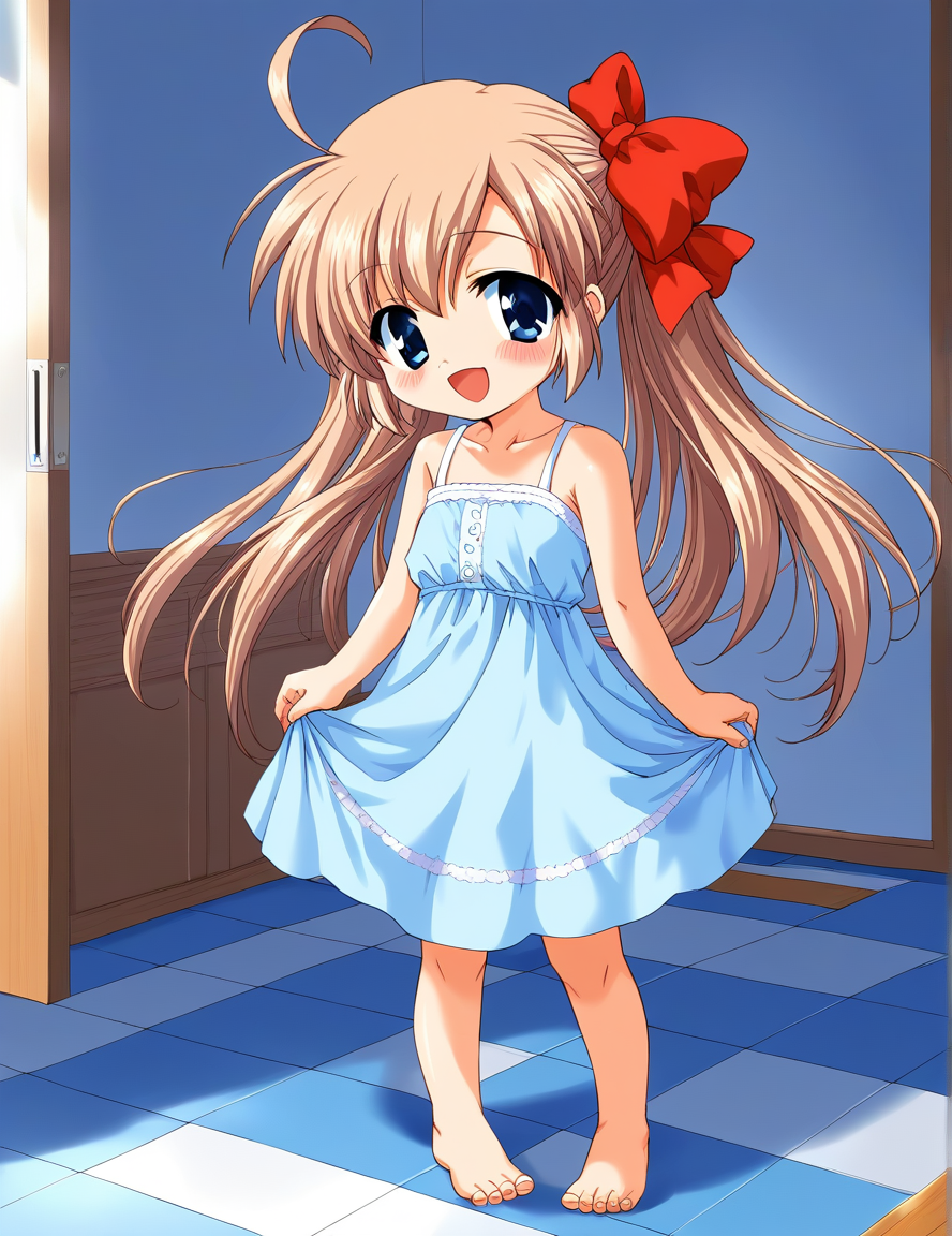 score_9, score_8_up, score_7_up, source_anime, rating_explicit, BREAK <lora:Mizuki_Shiori_XL:1>Mizuki_Shiori, blue eyes, flat chest, brown hair, short stack, twintail, hair bow, red bow,
solo, barefoot, long hair, blush, light blue dress, smile, open mouth, ahoge, feet, standing, looking at viewer, :d,  bare shoulders, ribbon, room, flooring,