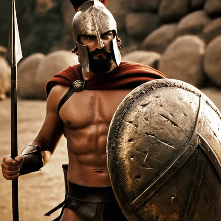 cinematic film still of <lora:spartan style v2:1>
In ancient Greece in Sparta a man in a spartan costume holding a spear and shield,solo,simple background,1boy,navel,holding,nipples,weapon,male focus,cape,holding weapon,armor,muscular,facial hair,abs,helmet,pectorals,muscular male,polearm,bara,beard,shield,spear,holding polearm,bare pectorals,chest hair,loincloth,lance,navel hair,holding shield,plume , realistic, realism, photorealism, hyperrealism, hyperrealistic, realistic, sharp, detailed, cinematography style, film light style, movie still, professional photography, artistic, perfection, contrast, cinematic, filmic, high quality photo, 8k quality, colorful, photography style, different people, war, warrior, armor, spartan army style, spartan warrior style, spartan style, shallow depth of field, vignette, highly detailed, high budget, bokeh, cinemascope, moody, epic, gorgeous, film grain, grainy