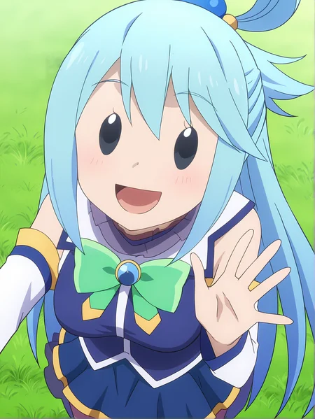 <lora:Aqua:0.8>, aqua, 1girl, solo, black meme eyes, long blue hair, ahoge, looped side ponytail, hair ring, frilled high collar, bare shoulders, detached white sleeves, green chest bow, blue shirt, blue miniskirt, happy, smile, wide eyes, open mouth, meme face, standing, raised arms, open hand, looking at viewer, upper body, from above, outdoors, grass field