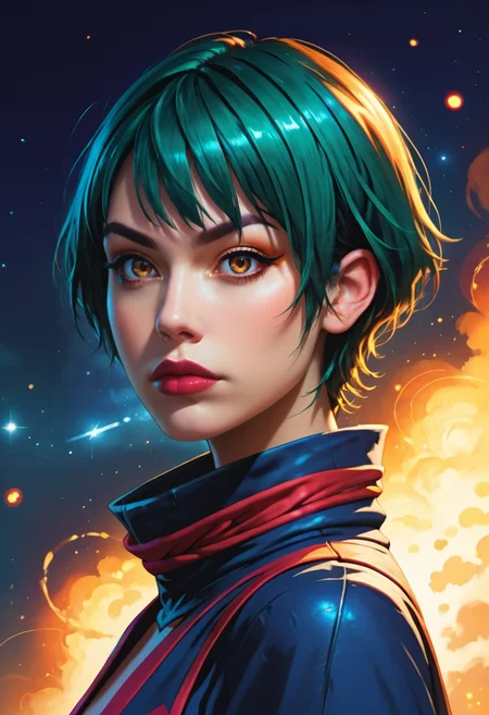 <lora:g0th1cPXL:0.5>g0th1c<lora:TradingCardsPonyXL:0.65>dsktrdcardxl,score_9, score_8_up, score_7_up, score_6_up, solo, source_comic, comic book art, fantasy art, Lenticular, dark and dim, Low Angle, (side view perspective), a woman, (ninja:1.1) woman, with blue ,teal hair, deep amber ,amber eyes, detailed eyes, with a high collar cyber (Samurai:1.1) jacket, Large linen cape ,super detailed, background is chrome , surrounded by a detailed spacescape with translucent dark-amber Highlights, stunning lighting, detailed, highly vibrant, detailed, masterpiece, highly detailed, high quality, score_5_up, score_4_up,
