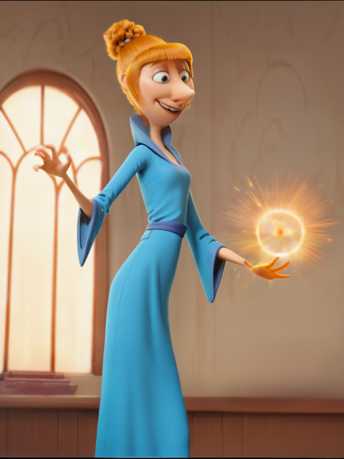 <lora:Lucy:0.8> lu_sy, 1girl, green eyes, bright red hair, bun hair, bangs, fair skin, curved big nose, thin body,
mage, magic, epic pose, magic robe, score_9, score_8_up, score_7_up,