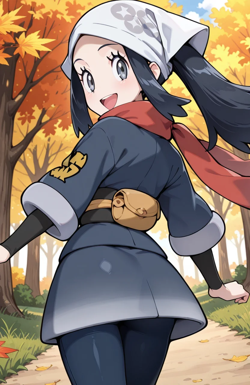 masterpiece, best quality, newest, (sugimori ken \(style\):0.5), pokemon screencap, 1girl, <lora:Akari_-_Pokemon_Illustrious:1>, akari, grey eyes, eyelashes, black hair, long hair, head scarf, galaxy expedition team survey corps uniform, scarf, white headwear, pantyhose, sidelocks, jacket, red scarf, sash, skirt, perfect eyes, breast, shiny skin, smile, open mouth, looking at viewer, grass plain, autumn, trees, forest, scenery, erotic, from behind, back view, dynamic angle, perfect anatomy