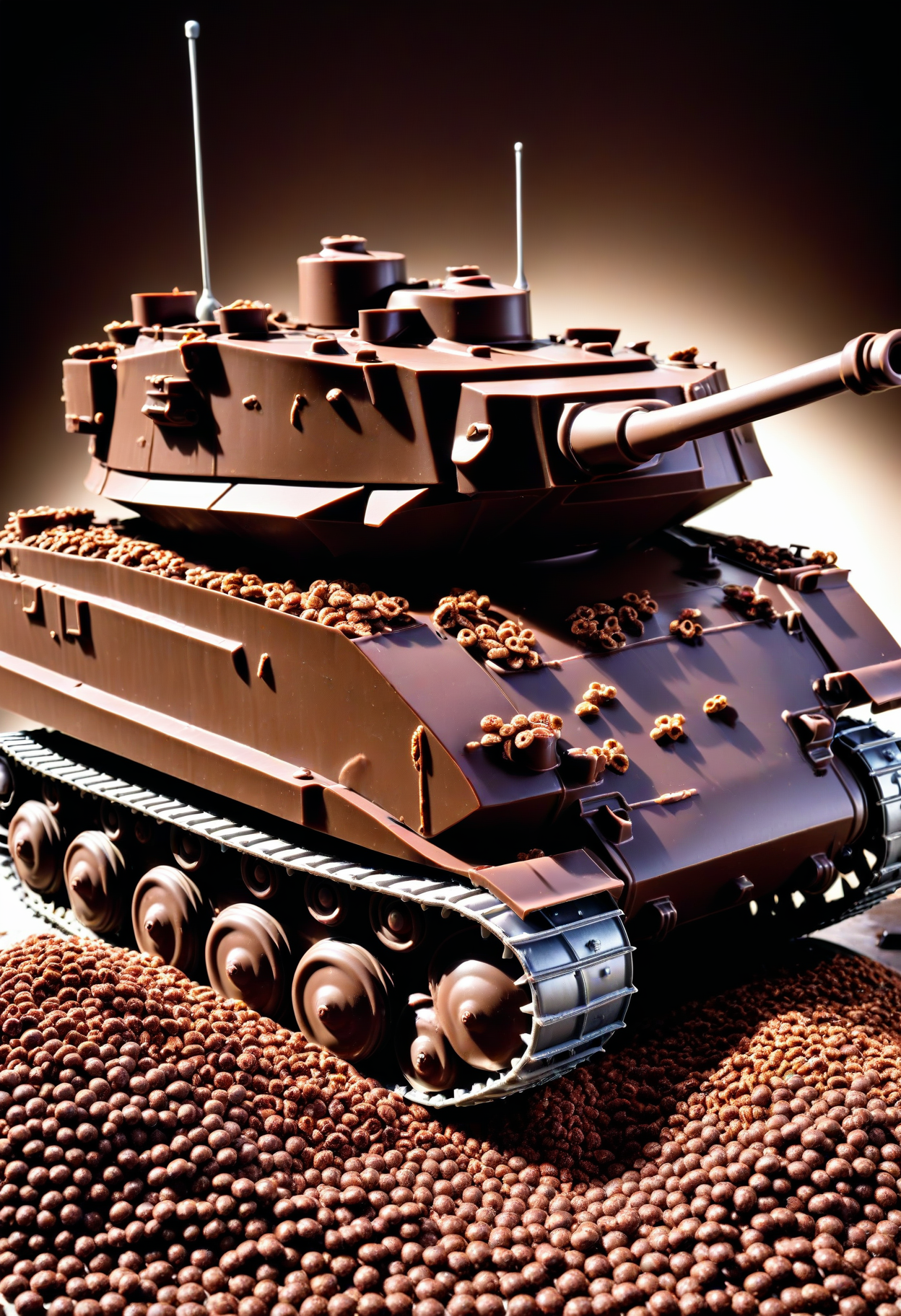 a photorealistic picture of a chocolate Tank  ,Jed-ChocoC   ,chocolate, cereals  <lora:ChocoCerealStyle:0.4>