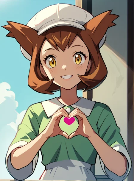 score_9, score_8_up, score_7_up, score_6_up, score_5_up, score_4_up source_anime, anime screencap, <lora:LAtiasAdventure:0.8>1girl, kanonlatias, solo, brown hair hat, smile, yellow eyes, short hair mile heart hands,