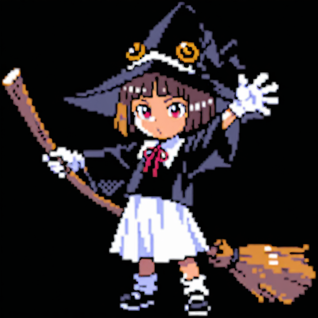 score_9,score_8_up,score_7_up,chibi,pixel art,sprite,(solo:1.2),<lora:pkm_gen02_data01_v01:0.8>,gn2pk,best quality,black background,full body,centered,<lora:Angela_Leon_Illustrious:0.7>,angela_leon,brown_hair,hat,witch_hat,short_hair,bob_cut,witch,white_gloves,red_eyes,ribbon,bangs,blunt_bangs,skirt,shoes,socks,