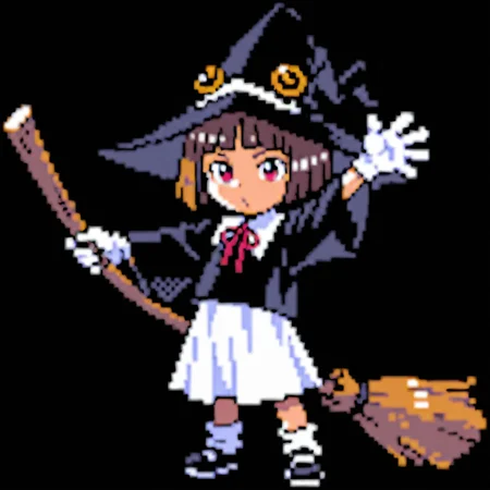 score_9,score_8_up,score_7_up,chibi,pixel art,sprite,(solo:1.2),<lora:pkm_gen02_data01_v01:0.8>,gn2pk,best quality,black background,full body,centered,<lora:Angela_Leon_Illustrious:0.7>,angela_leon,brown_hair,hat,witch_hat,short_hair,bob_cut,witch,white_gloves,red_eyes,ribbon,bangs,blunt_bangs,skirt,shoes,socks,
