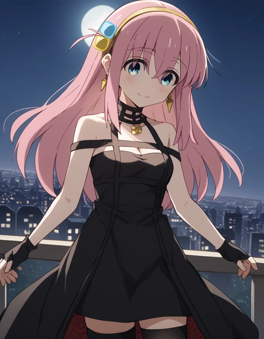 score_9, score_8_up, score_7_up, source_anime, hitorigotou, <lora:hitori-gotou-s1-ponyxl-lora-nochekaiser:1>, hitori gotou, blue eyes, cube hair ornament, hair between eyes, hair ornament, pink hair, one side up, long hair, <lora:yor-briar-cosplay-ponyxl-lora-nochekaiser:1>, yorbriarcosplay, yor briar \(cosplay\), bare shoulders, black dress, black gloves, cleavage, dress, earrings, gloves, gold earrings, hair ornament, hair band, jewelry, bare shoulders, collarbone, fingerless gloves, thighhighs, black thighhighs,, cityscape, night, moon, blush, smile,, cowboy shot, dutch angle, solo,