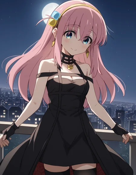 score_9, score_8_up, score_7_up, source_anime, hitorigotou, <lora:hitori-gotou-s1-ponyxl-lora-nochekaiser:1>, hitori gotou, blue eyes, cube hair ornament, hair between eyes, hair ornament, pink hair, one side up, long hair, <lora:yor-briar-cosplay-ponyxl-lora-nochekaiser:1>, yorbriarcosplay, yor briar \(cosplay\), bare shoulders, black dress, black gloves, cleavage, dress, earrings, gloves, gold earrings, hair ornament, hair band, jewelry, bare shoulders, collarbone, fingerless gloves, thighhighs, black thighhighs,, cityscape, night, moon, blush, smile,, cowboy shot, dutch angle, solo,