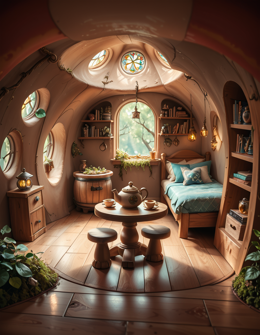score_9, score_8_up, score_7_up,amazing quality, ultra realistic, 3D, HD, best quality, amazing quality, very aesthetic, absurdres
A highly detailed, realistic photograph of a tiny gnome house nestled at the base of an ancient oak tree, taken in soft morning light with a gentle mist hanging in the air. The house is crafted from natural materials: smooth stones form the lower walls, and curved wooden planks create a round, thatched roof with patches of moss and small wildflowers growing on top. Tiny circular windows with stained glass panels glow faintly from within, casting warm amber and green hues. A miniature wooden door with intricate carvings sits slightly ajar, surrounded by tiny lanterns that hang from delicate hooks, each softly glowing. Around the house, the forest floor is covered in dew-kissed clover, mushrooms of varying sizes and colors, and winding little cobblestone paths. In the background, tall ferns and oversized leaves tower, giving the scene an enchanted, hidden feel. Subtle rays of sunlight break through the canopy above, highlighting fine details with a dreamy, ethereal atmosphere. Hyper-realistic style, high-resolution, rich earthy tones, with an overall cozy and magical woodland vibe. No creatures or people, only nature and the charming architecture of the gnome's home.
<lora:SDXLFaeTastic2400:0.4> <lora:extremely_detailed:0.4> extremely detailed,tiny gnome h0us3 <lora:tiny_gnome_h0us3-p:1>