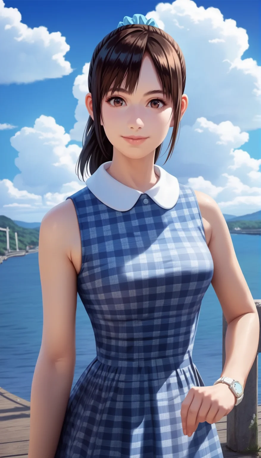 score_9,score_8_up,score_7_up,
<lora:miiyamotoHikari:0.8>,miiyamotohikari,
1girl,solo,black hair,ponytail,bangs,blue scrunchie,brown eyes,sleeveless blue plaid dress,white collar,white wristwatch,looking at viewer,medium breasts,portrait,smile,
outdoors,blue sky,sea,cloud,street,railings,distant large bridge,distant mountains,clear blue sky,soft clouds drifting,summer,beautiful landscape,vignetting,blurry background,