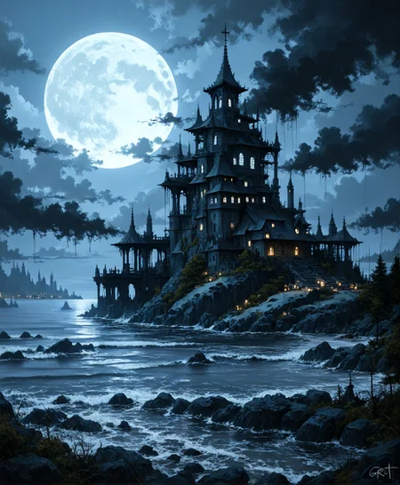 masterpiece, best quality, amazing quality, very aesthetic, perfect eyes, Sinozick_illu, crestyle, Sinozick_illu, gr4ph1t3,
,outdoors, sky, cloud, water, tree, no_humans, night, moon, cloudy_sky, building, night_sky, scenery, full_moon, architecture, castleA dark, moody digital painting of a castle perched on a rocky shore, illuminated by moonlight. The castle has multiple towers with windows, and a cross on top. The sky is filled with dark, ominous clouds, and the water is calm, with small waves crashing against the shore. The style is reminiscent of fantasy art, with a focus on the moonlight and the castle. The artist's signature is in the bottom right corner.
