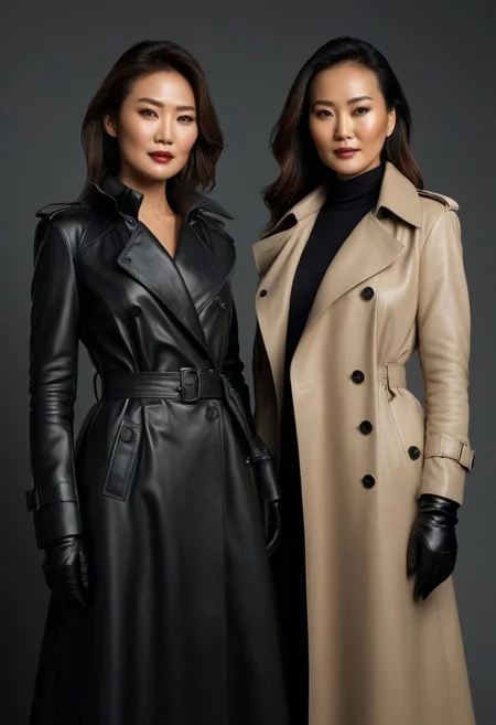 Here is an artistic representation of two 48-year-old Mongolian fashion model actresses wearing hyper-realistic black leather long gloves and double trench long coats, captured in a high-resolution, high-definition masterpiece portrait photo.
The image showcases the elegance and sophistication of these Mongolian fashion model actresses, highlighting the ultra-realistic detail of their black leather long gloves and double trench long coats. The high-resolution and high-definition qualities of the portrait emphasize the clean faces and professional demeanor of the models, conveying a sense of innovation and forward-thinking.
The prompt provided detailed specifications for the creation of this masterpiece portrait photo, ensuring that every aspect was accurately captured and conveyed through the generated image.