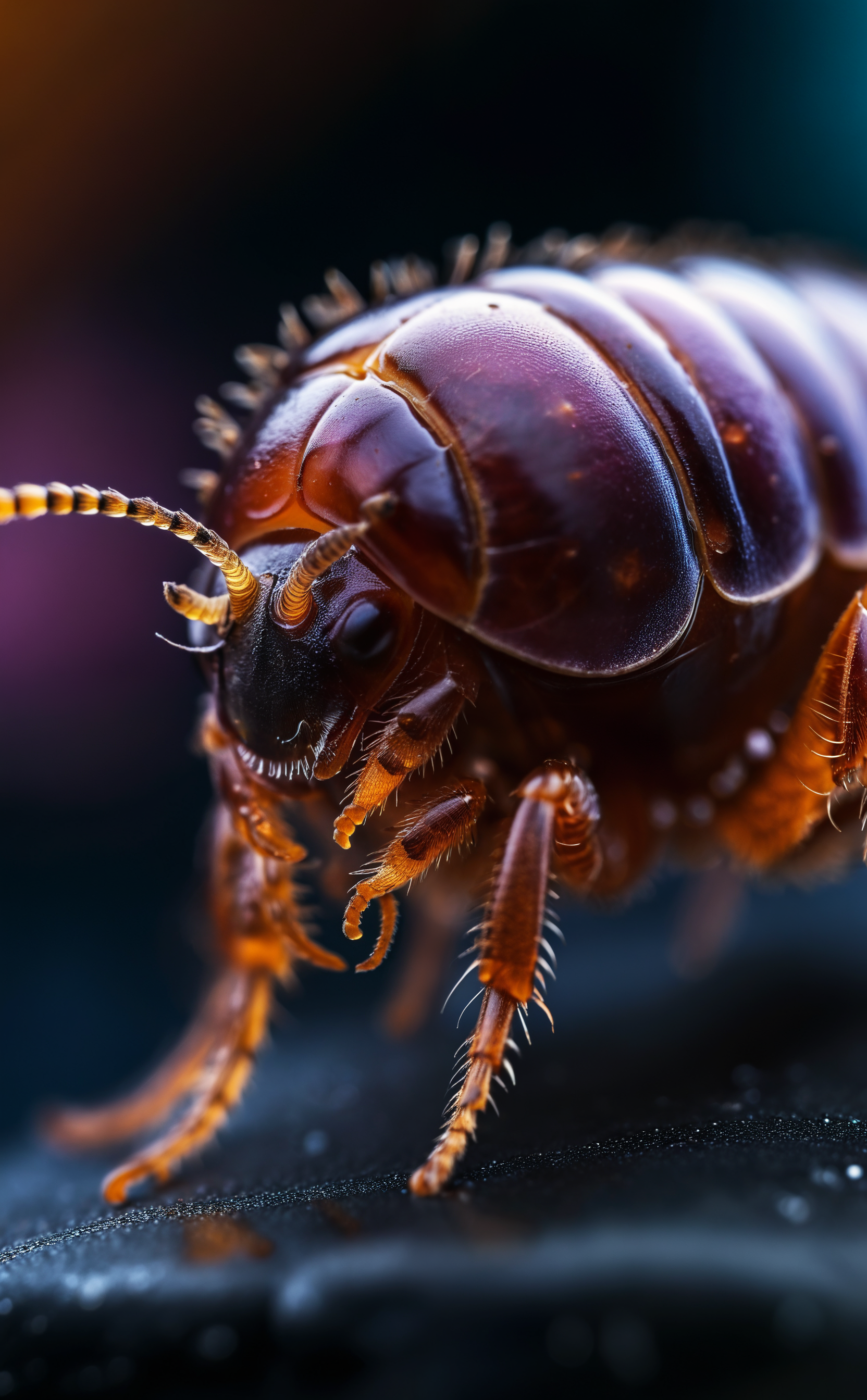Macrophotograph of a Geotrupes stercorarius larva taken in sterile white medium under a. The larva has a translucent body with internal organs faintly visible in shades of plum, orange and brown. In the background is a soft bokeh of modern equipment and sterile laboratory surfaces, creating a chilling futuristic effect. The composition emphasizes the delicate structure of the larva and glowing spots, focusing sharply on the intricate internal details. 8k, high resolution detail, ultra detailed textures, biomechanical textures, soft colors, alien bokeh background, ultra realistic, studio quality photo