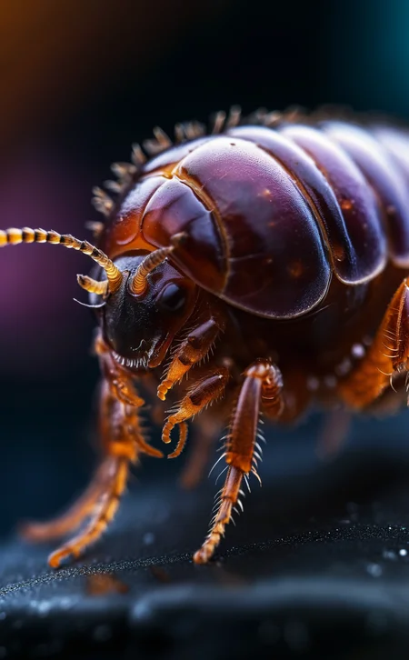 Macrophotograph of a Geotrupes stercorarius larva taken in sterile white medium under a. The larva has a translucent body with internal organs faintly visible in shades of plum, orange and brown. In the background is a soft bokeh of modern equipment and sterile laboratory surfaces, creating a chilling futuristic effect. The composition emphasizes the delicate structure of the larva and glowing spots, focusing sharply on the intricate internal details. 8k, high resolution detail, ultra detailed textures, biomechanical textures, soft colors, alien bokeh background, ultra realistic, studio quality photo