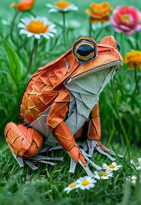 Full body illustration of ultra realistic very detailed cute orange red toad with big green very detailed dreamy cosmic eyes hiding in a very realistic very detailed colorful field of flowers in a realistic very detailed meadow, realistic very detailed grass, realistic very detailed trees, highest contrast, masterpiece, 32k, high contrast, vibrant colors, vivid colors, high resolution textures, crisp colors, ultra sharp, sharp focus, <lora:xl_more_art-full_v1:0.28>,
<lora:add-detail-xl:1>,
<lora:WildcardX-XL-Detail-Enhancer:0.7> ,
<lora:ral-vltne:0.8>