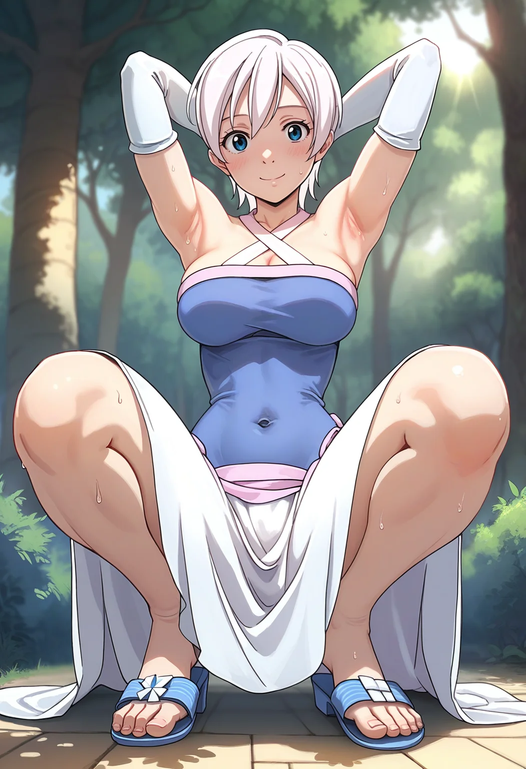 score_9, score_8_up, score_7_up, score_6_up, <lora:xFTLIS:0.8>, xFTLIS, white hair, short hair, hair between eyes, blue eyes, large breasts,
white gloves, elbow gloves, white criss-cross halter, blue short dress, white long skirt, pink waistband, side slit, covered navel, blue sandals,
squatting, looking at viewer, smile, blush, arms up, armpits, sweat, 
BREAK, blue sky, forest, sunlight, day,