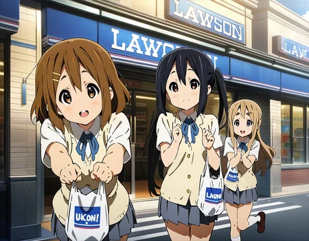 masterpiece, best quality, ultra detailed, highres,4k,(ultra-detailed:1.4) (illustration:0.5), (ray tracing,:0.8),(anime colored:0.7),(ai-generated:0.5), (anime screencap:0.2),
nakano azusa, k-on!,
hirasawa yui, k-on! ,
kotobuki tsumugi, k-on! ,
smile,
<lora:lawsoncollaboXL1:0.8>,lawsoncollabo,
convenience store, storefront, Lawson,day,city,
multiple girls, (3girls:1.3), school uniform, dynamic pose,plastic bag,