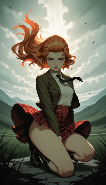 lazypos,
masterpiece, best quality, newest, absurdres, highres, very awa, depth of field, chiaroscuro, quality
(white_gorilla_(okamoto)),graphite_(medium), rough_graphite, traditional_media, matte_colors,
1girl, solo, sexy, ginger_hair_(wavy, hair slicked back, long hair), green_eyes \(detailed eyes\), schotland_outfit_(tweed_blazer, white shirt, black tie, kilt), sexy legs, wind_lift_(tie, kilt), floating_hair, look at viewer,
sits, bend one knee, romatic_melancholy,
scotland_nature as background_(green meadows, rocks, cloudy),
arcane style,artist:moriimee,gthan,
<lora:Lydart:0.5> <lora:reij-rt:0.8> <lora:Arcane_Style_Illust_Ayanna_AI:0.2> <lora:MoriiMee_Gothic_Niji_Style_Illustrious_r1:0.35> <lora:GTHAN2:0.6>