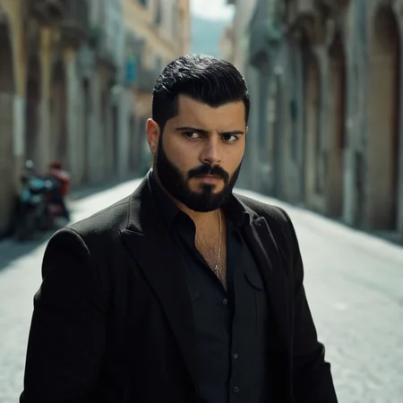 UHD, 4k, ultra detailed, cinematic, a photograph of <lora:detailed:0.2> 
<lora:perfection style:0.2>
<lora:Ron Fricke style:0.2>
 <lora:Gomorra - La serie style:1>
Set in Naples in the 2010s Salvatore Esposito Genny Savastano a man with a beard and a black jacket,solo,black hair,1boy,upper body,weapon,male focus,sword,blurry,blurry background,facial hair,beard,realistic , cinematic, kodak, Gomorra - La serie, epic, beautiful lighting, inpsiring