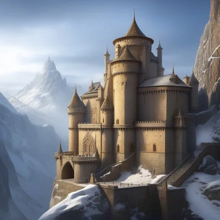 a castle on a (rock spire), battlement, Machicolations, a stairway to the keep, doorway, mountain in background, very wide shot, fantasy, atmospheric effects, snow, best quality, masterpiece, realistic, photo-realistic, amazing, finely detail, ultra-detailed, highres, extremely detailed, 8k wallpaper