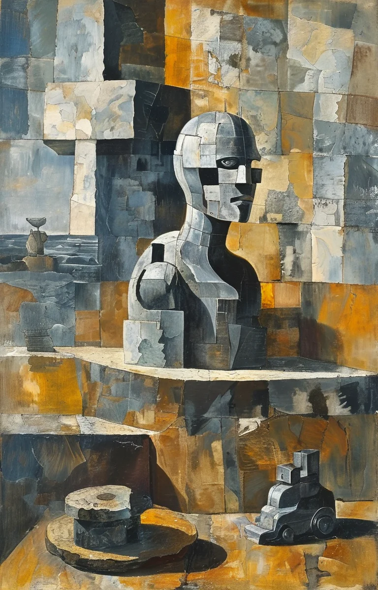 masterpiece,best quality,<lora:tbh215-sdxl:0.9>,illustration,style of Georges Braque portrait of Housework robots