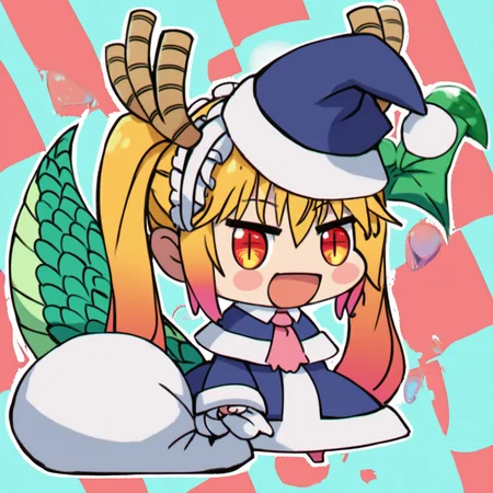 score_9, score_8_up, score_8, ,,, zzPadoru, tohru_(maidragon), 1girl, long hair, smile, open mouth, blonde hair, red eyes, long sleeves, holding, twintails, standing, tail, :d, horns, ascot, transparent background, blush stickers, blue headwear, fur-trimmed capelet, blue capelet, holding sack ,<lora:PadoruMemePDXL:1.0>, ,,, smile, looking at viewer, ,,, embedding:zPDXL, <lora:SDXLFaeTastic2400:0.5>,