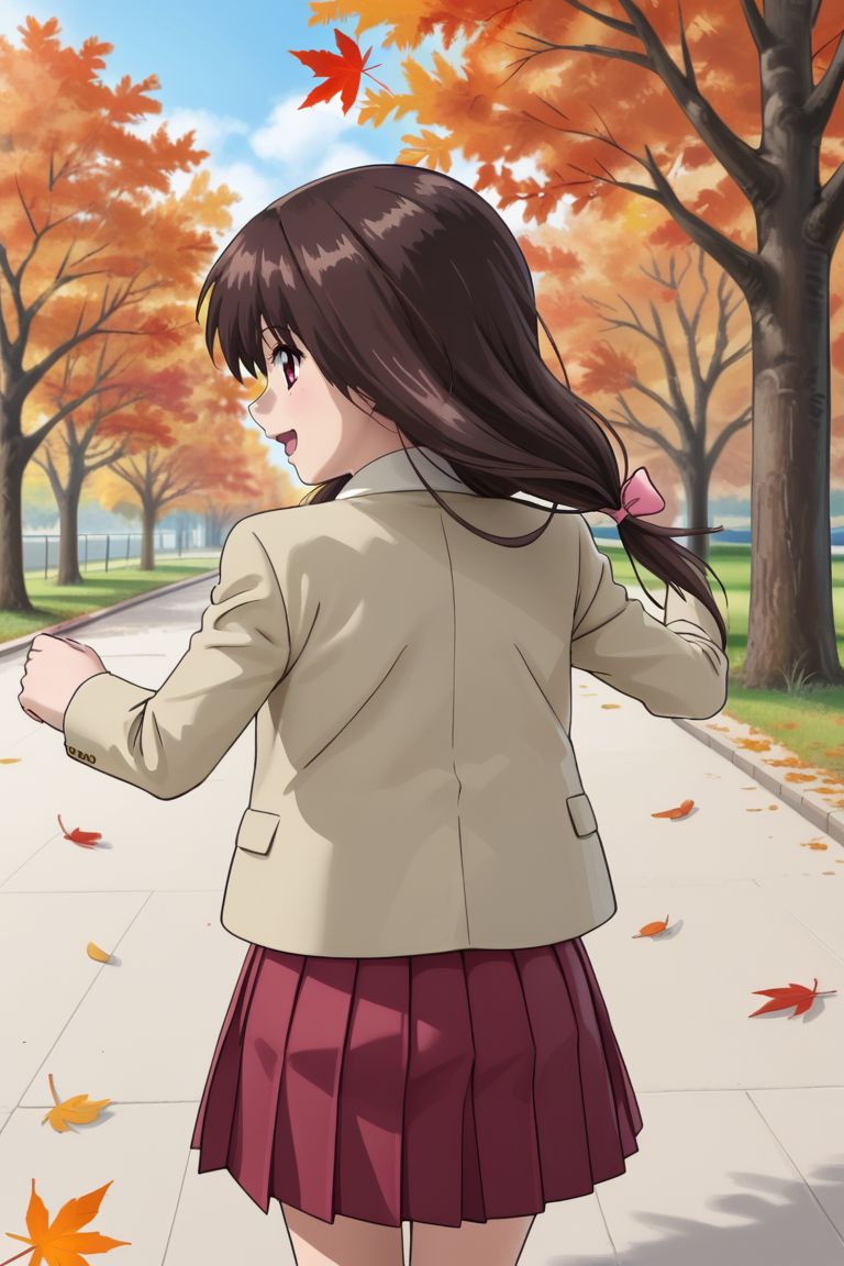 source anime, detailed, official art, masterpiece,
<lora:HandFineTuning_XL:1>
BREAK,
park, autumn, falling leaves,
from behind, running, open smile, looking behind,
BREAK,
<lora:mayu_pdxl_v01:0.8> 
gsdmayu, brown hair, long hair, brown eyes, sidelocks, tied sidelocks, low tied hair, hair ribbon, ribbon tie, blazer, white shirt, open clothes, red skirt, pleated skirt