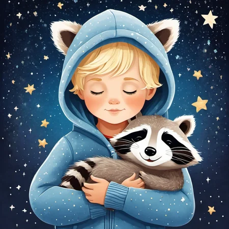 illustration, children's book, simple art of a sleeping toddler boy with short wavy blonde hair wearing a hoodie, holding a single stuffed animal. dreamlike, stars, galaxy BREAK (stuffed animal racoon:1.1)