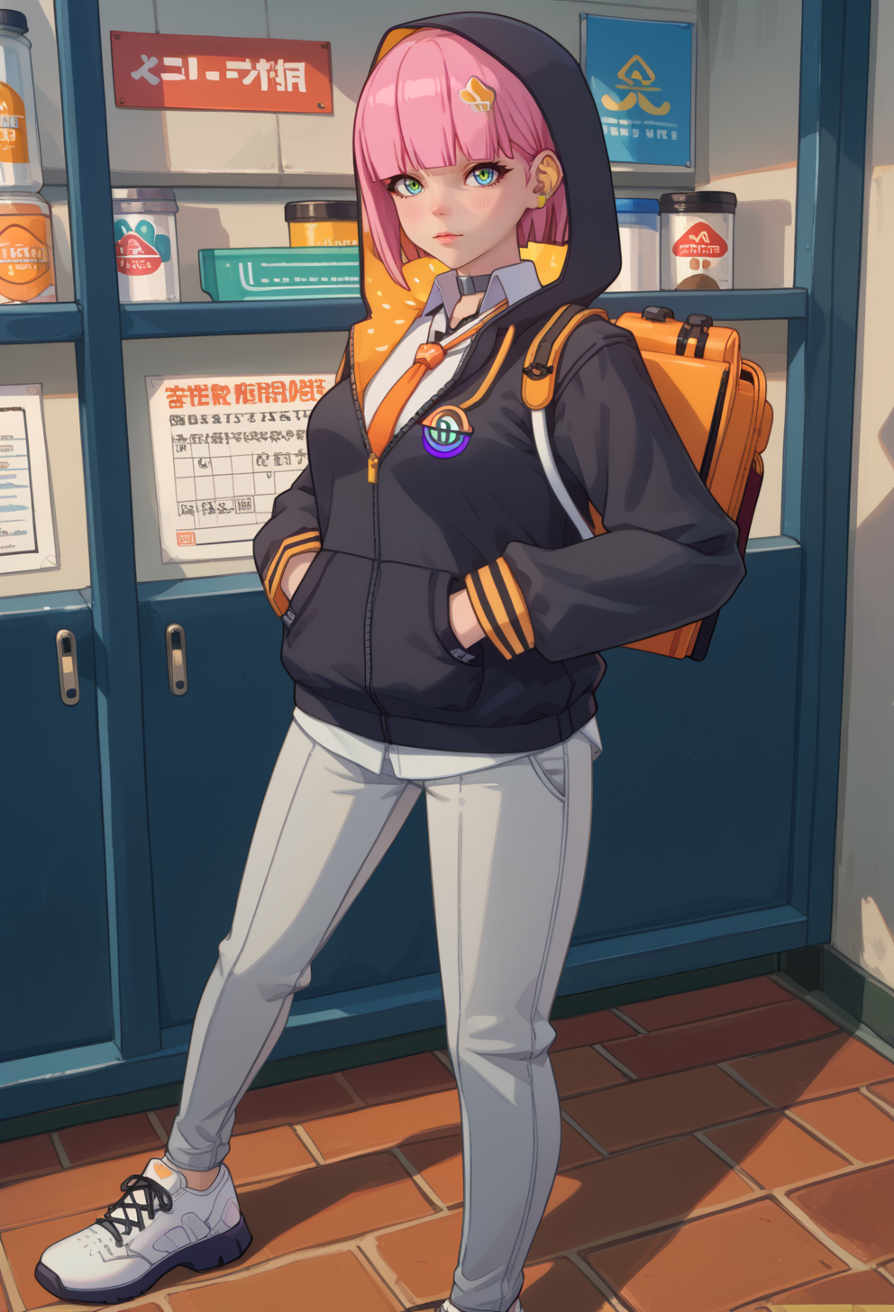score_9, score_7_up, source_anime, solo, BREAK <lora:AERain-000009:1> AERain,multicolored eyes, green eyes, blue eyes, blunt bangs, Pink hair, short hair, asymmetrical bangs, hair ornament, hairclip, 
black choker, black hoodie, long sleeves,  Orange necktie, collared shirt, White shirt, grey pants, shoes, White footwear, zipper, zipper pull tab,
Hood up, backpack,
standing,