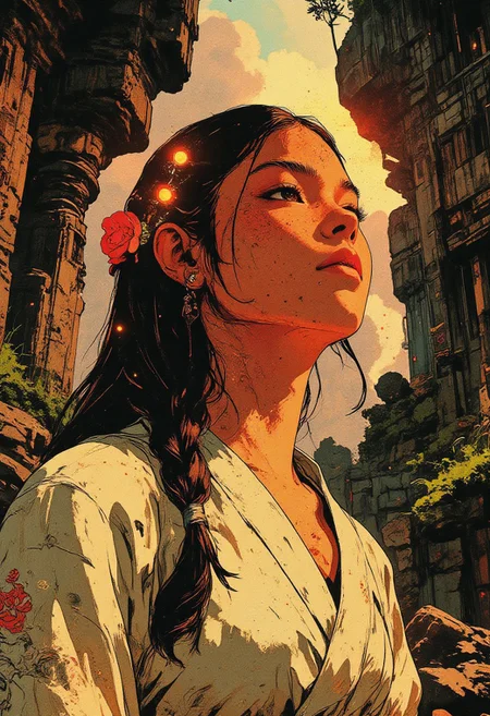 masterpiece, best quality, hyper-realistic, ultra-detailed, flawless anatomy, perfect body, HD, 8k, 1woman, young adult, close-up portrait, serene meditation pose, full soft focus, ethereal aura glowing softly around head, warm sunlight filtering through ancient temple ruins, calm expression with closed eyes, smooth olive skin, subtle freckles, long dark hair loosely braided, gentle ambient light, golden hour warmth, flowing white linen robe with delicate embroidery, intricate stone carvings and moss in background, theme of spiritual awakening and inner peace, visual art, tranquil atmosphere, deep introspection, harmonious balance between self and nature., in the style of cksc,