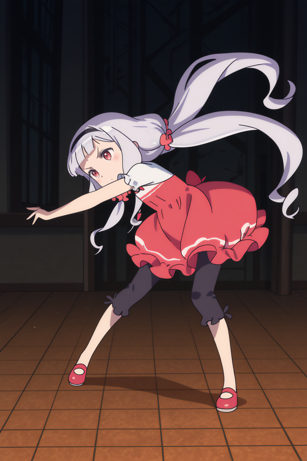 newest, dynamic pose, Kate Hoshimiya, blunt bangs, capri pants <lora:Zvezda_-_Kate_Hoshimiya_-_illustrious:0.8>