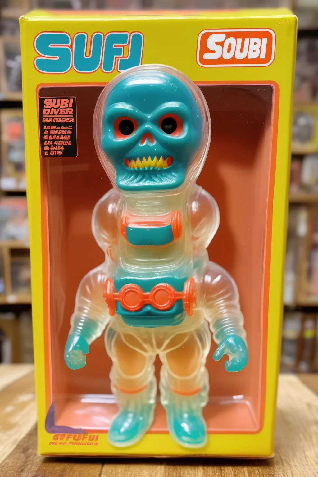 <lora:1987 Action Figure Playset Packaging:1>1987 Action Figure Playset Packaging - 1970s color photo of a ghoulish ghost diver as a shiny transparent sofubi toy on the front of its box packaging