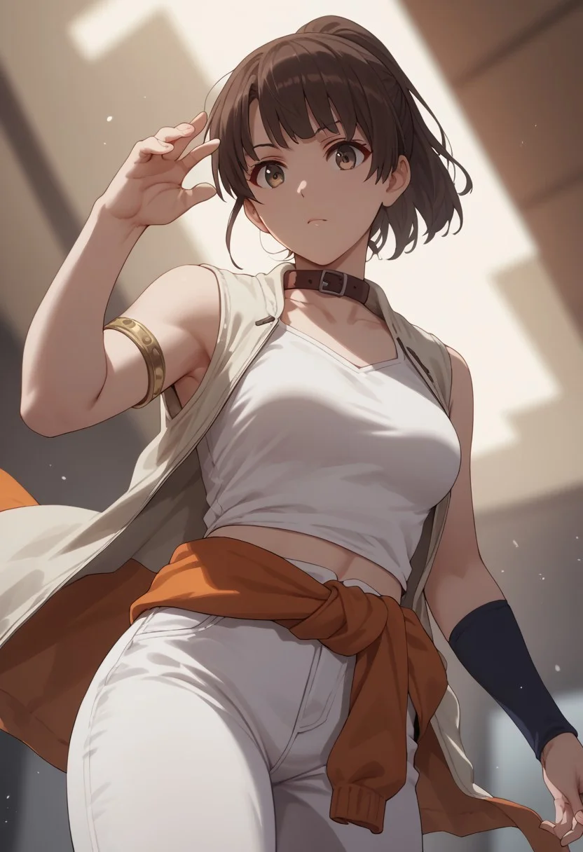 safe_pos, score_9, score_8_up, score_8, score_7_up, score_7, blurry abstract background,
1girl, katou megumi, Megumi <lora:KatoMegumi:1>,brown hair,katou megumi,brown eyes, medium breasts, ponytail , short hair, collar,armlet,jacket around waist,orange midriff,white pants,single elbow glove, dynamic pose, dynamic angle, perspective, fingers fix