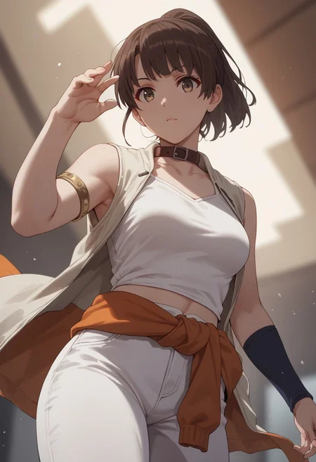 safe_pos, score_9, score_8_up, score_8, score_7_up, score_7, blurry abstract background,
1girl, katou megumi, Megumi <lora:KatoMegumi:1>,brown hair,katou megumi,brown eyes, medium breasts, ponytail , short hair, collar,armlet,jacket around waist,orange midriff,white pants,single elbow glove, dynamic pose, dynamic angle, perspective, fingers fix