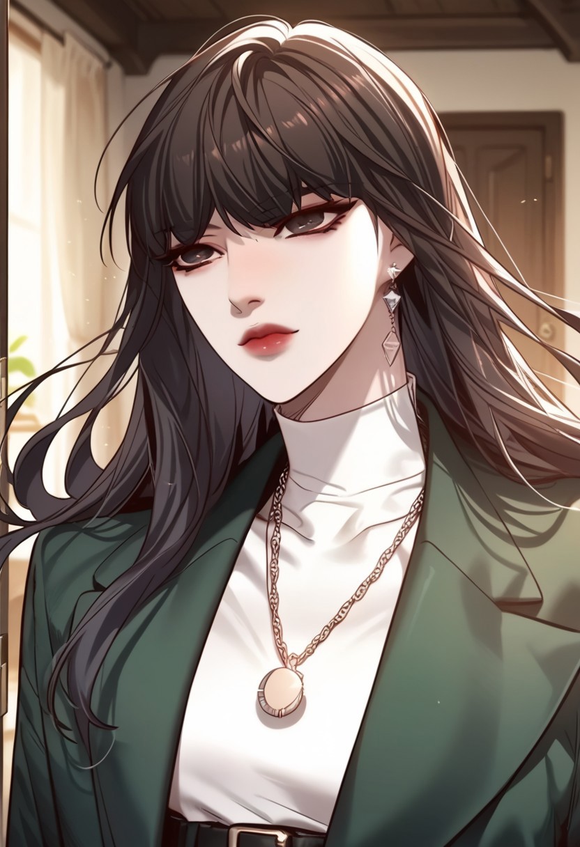 score_9, score_8_up, score_7_up,score_6_up,
jiyoungyoo,1girl, solo, long hair, black hair, bangs, black eyes,
outfit3, necklace, white shirt, green jacket, black belt, brown pants, long sleeves, perfect eyes, mature, 
upper body, indoors, door frame,Expressiveh