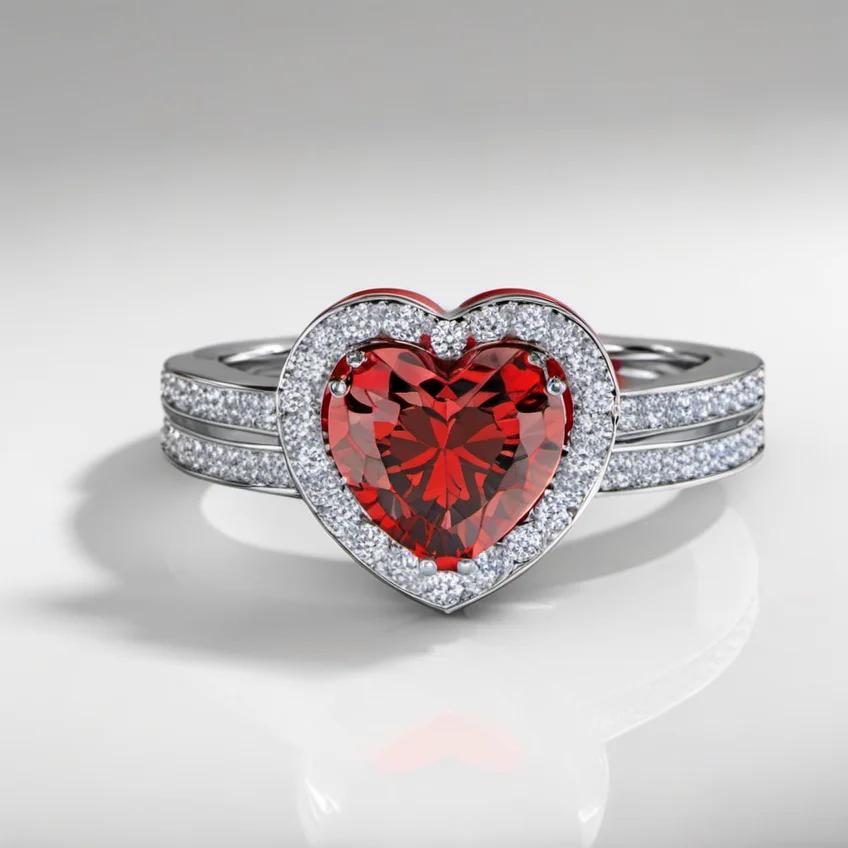 ring, heart shape red crystals on top,reflection<lora:diamond:1>