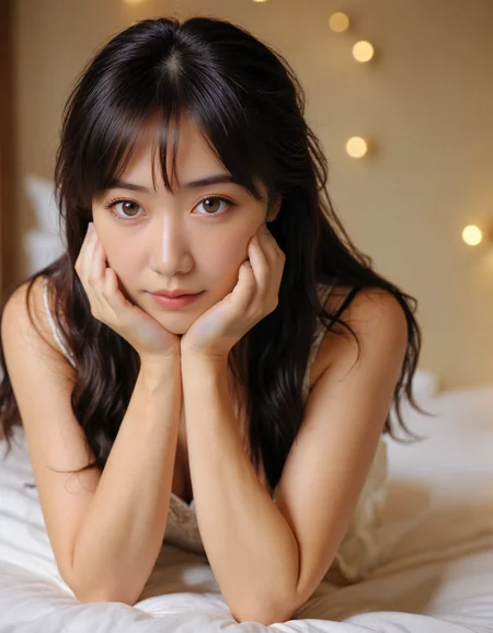 masterpiece, best quality, (adult girl), posing (very submissive:1.5), supporting head on hands, (cute face, temptations look), (shallow focus:1.2), (shy, in love, in love expression:1.2), (triangle shape face:0.6), (black hair:1.2, long brown hair), deep v top, dress, bed, (rim light from bottom-right:0.96), (Canon 50 f/1.2 lens bokeh), <lora:hinaTuningFaceDetailer_SDXL-v2-rank256-pruned:0.7>