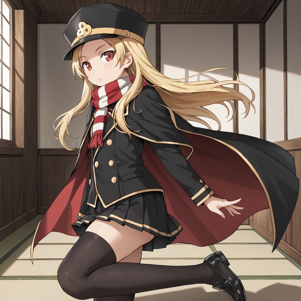 indoors, <lora:chiaki.pony:1> chiaki, 1girl, solo, long hair, blonde hair, red eyed, scarf, striped scarf, shako cap, black headwear, cape, black cape, black coat, flat chest, skirt, pleated skirt, black skirt, black thigh-highs, black loafers,
