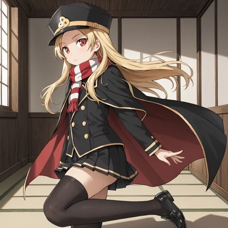 indoors, <lora:chiaki.pony:1> chiaki, 1girl, solo, long hair, blonde hair, red eyed, scarf, striped scarf, shako cap, black headwear, cape, black cape, black coat, flat chest, skirt, pleated skirt, black skirt, black thigh-highs, black loafers,