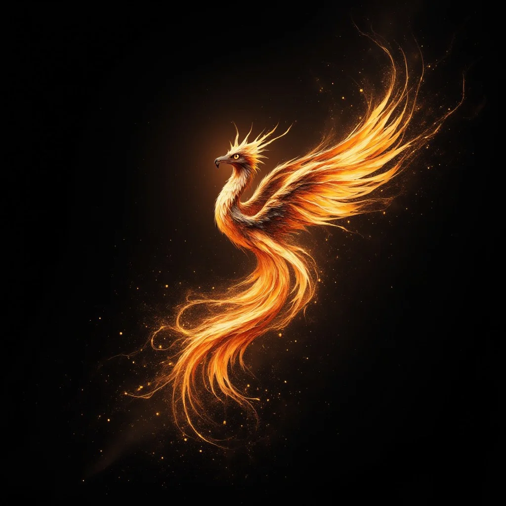 phoenix made out of singular intricately flowing light strands against a black background, swirling particles, abstract graphics, contours of a burning tree hidden in smoke, majestic, concept art, flowing light, glowing dust