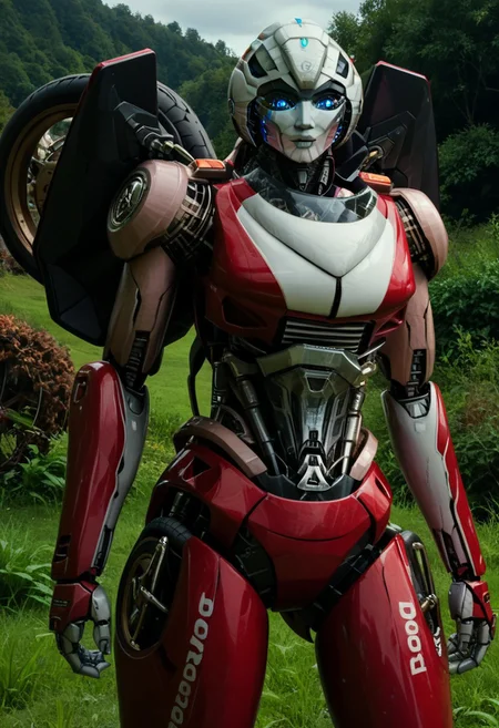 score_9, score_8_up, score_7_up, screencap, detailed eyes, ArceeROTB, autobot, 1girl, solo, red and white body, mechanical parts, robot, helmet-like head, robotic face, glowing blue optics, wheels on back, ducati printed on right leg, autobot forehead symbol, fairing-like chest, blue eyes, narrow waist, unique pose, sunny