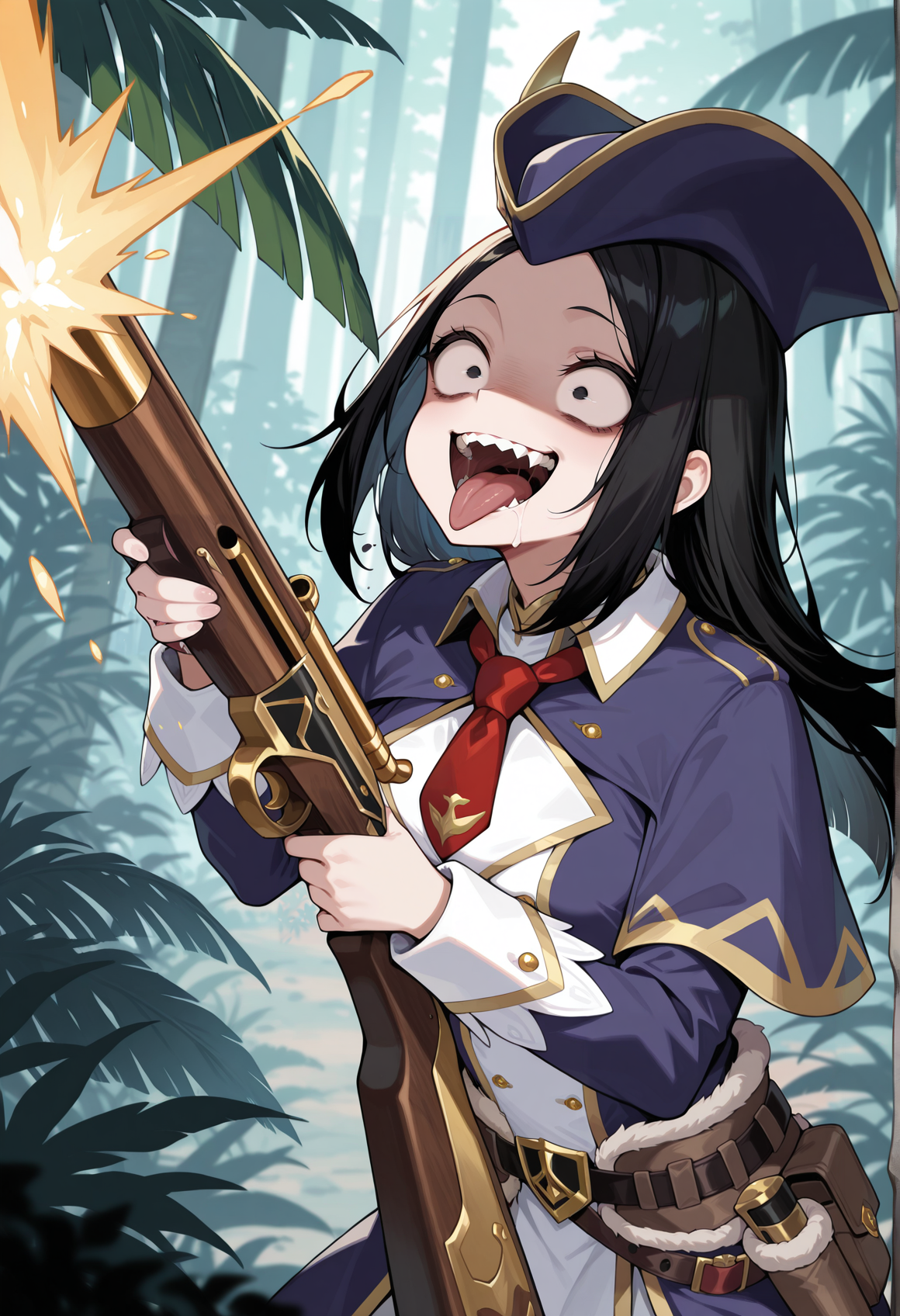 1girl, solo, long hair, black hair, bicorn, hat, blue coat, capelet, red necktie, fur-trimmed belt, holding flintlock rifle, firing, open mouth, laughing, crazy smile, wide eyed, tongue out, sharp teeth, outdoors, jungle <lora:luchika_mh:1>, masterpiece, best quality, amazing quality, very aesthetic, absurdres, highres, newest