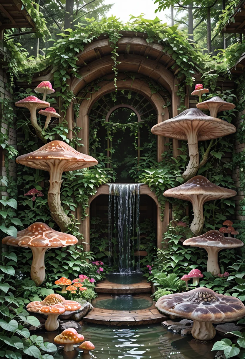 masterpiece, best quality, (giant mushrooms), N4t4rch, flower, day, water, window, sunlight, vines, , <lora:NatureArchitecture_IXL:0.7>,