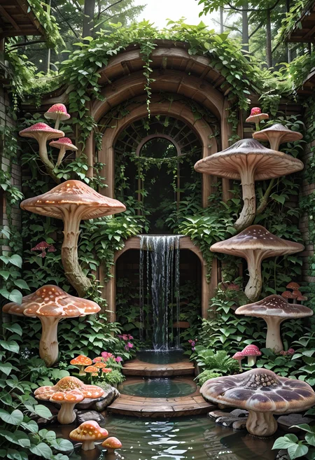 masterpiece, best quality, (giant mushrooms), N4t4rch, flower, day, water, window, sunlight, vines, , <lora:NatureArchitecture_IXL:0.7>,