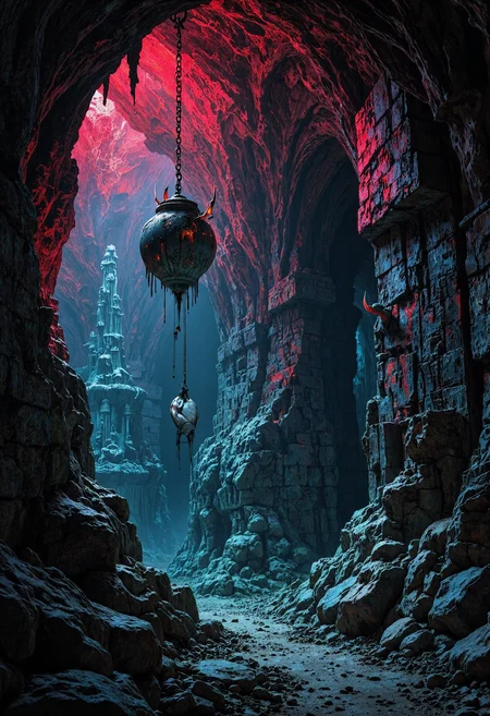 Prototype picture portraying a jar with a shape-shifting soul suspended from a massive silver chain. Set within a forsaken cave, adding to the eerie atmosphere, further enhanced by misty lighting; epic, perfect composition, grimdark beauty, authentic